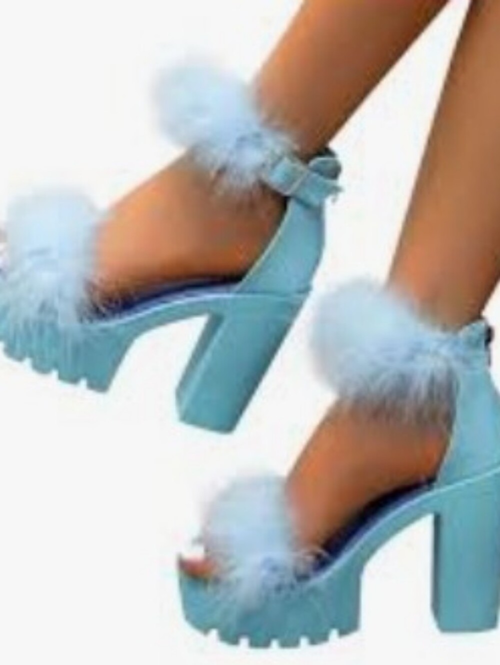 Sugar Thrillz baby blue platform heels feature soft marabou feather trim